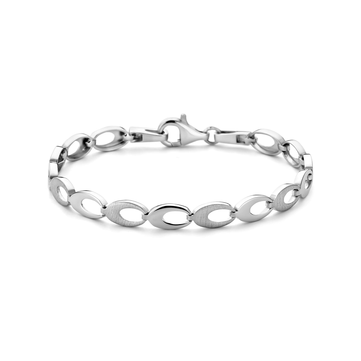 Vooraanzicht van de deels matte zilveren schakelarmband.