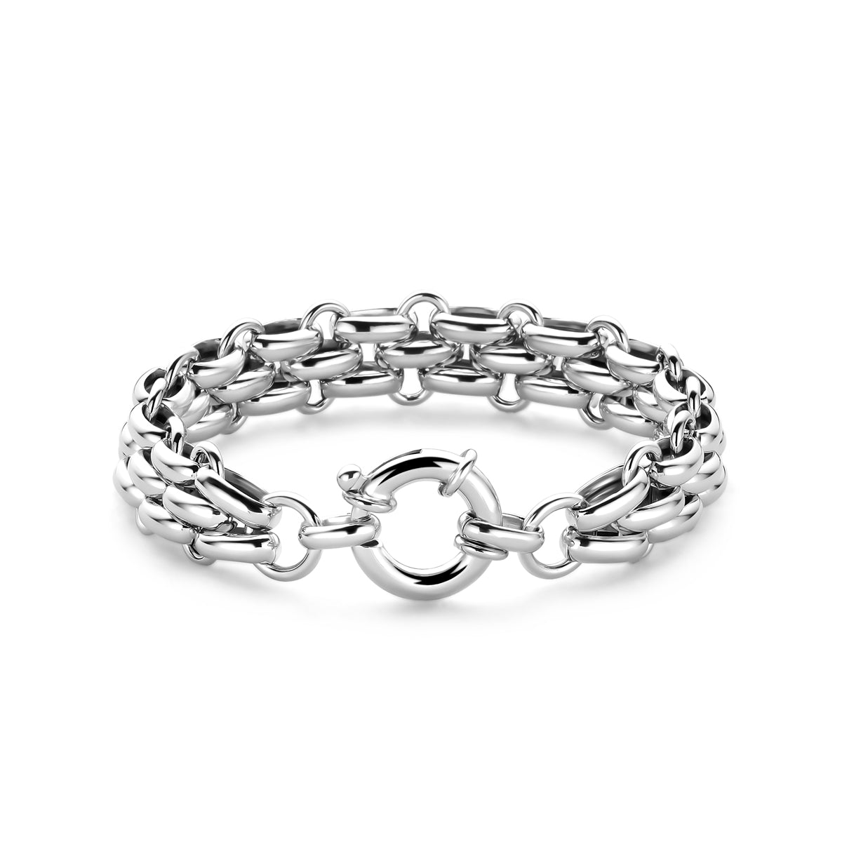 Vooraanzicht van de zilveren schakelarmband met slot.