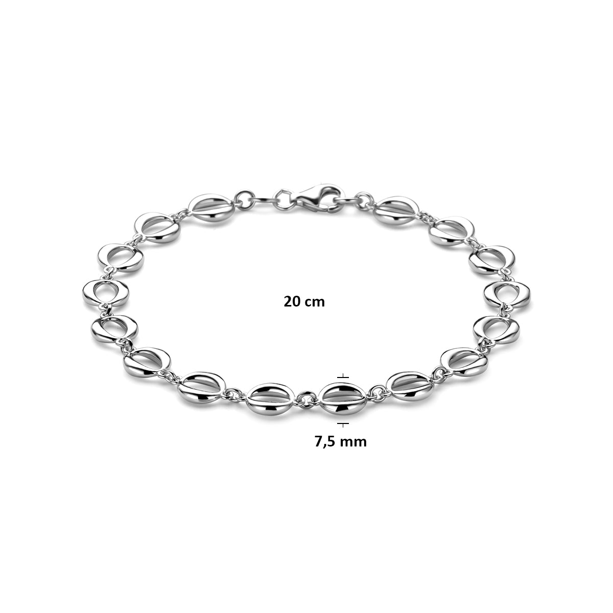 Afmetingen van de zilveren schakelarmband: 20 cm lang en 7,5 mm breed.