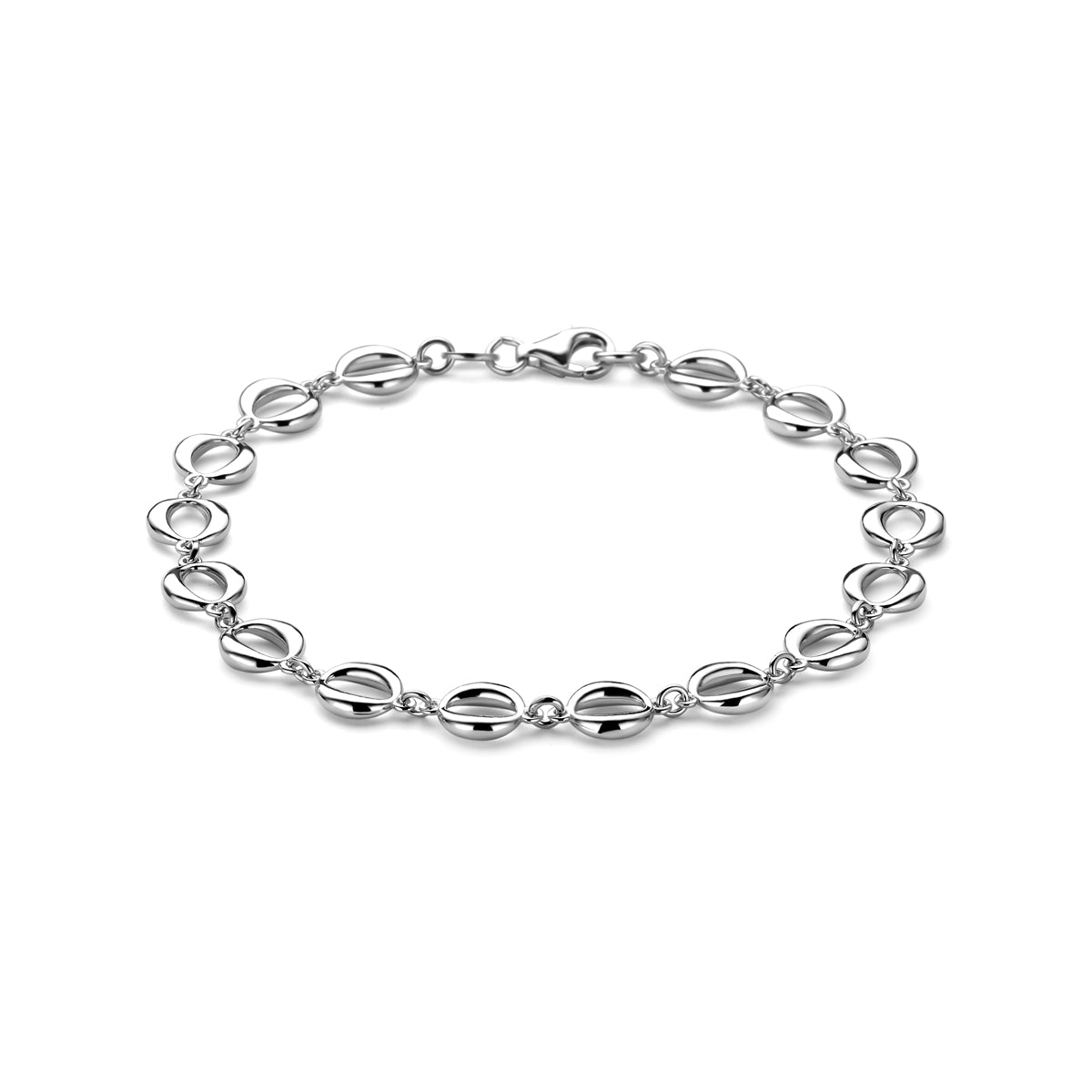 Vooraanzicht van de zilveren schakelarmband.