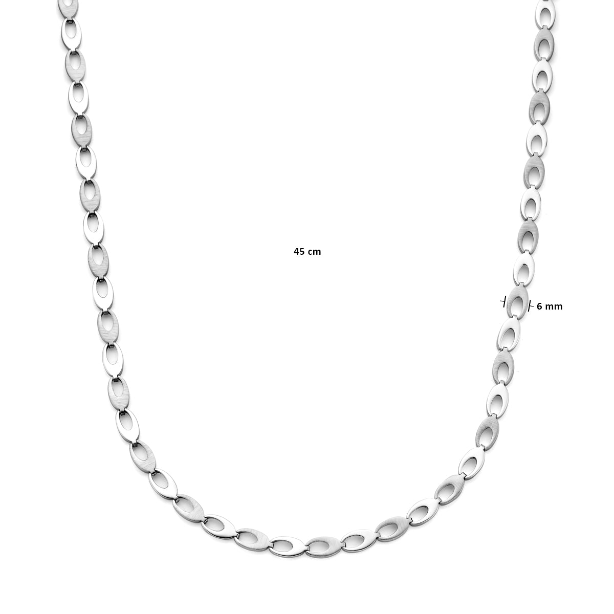 Afmetingen van de deels matte zilveren schakelketting: 45 cm lang en 6 mm breed.