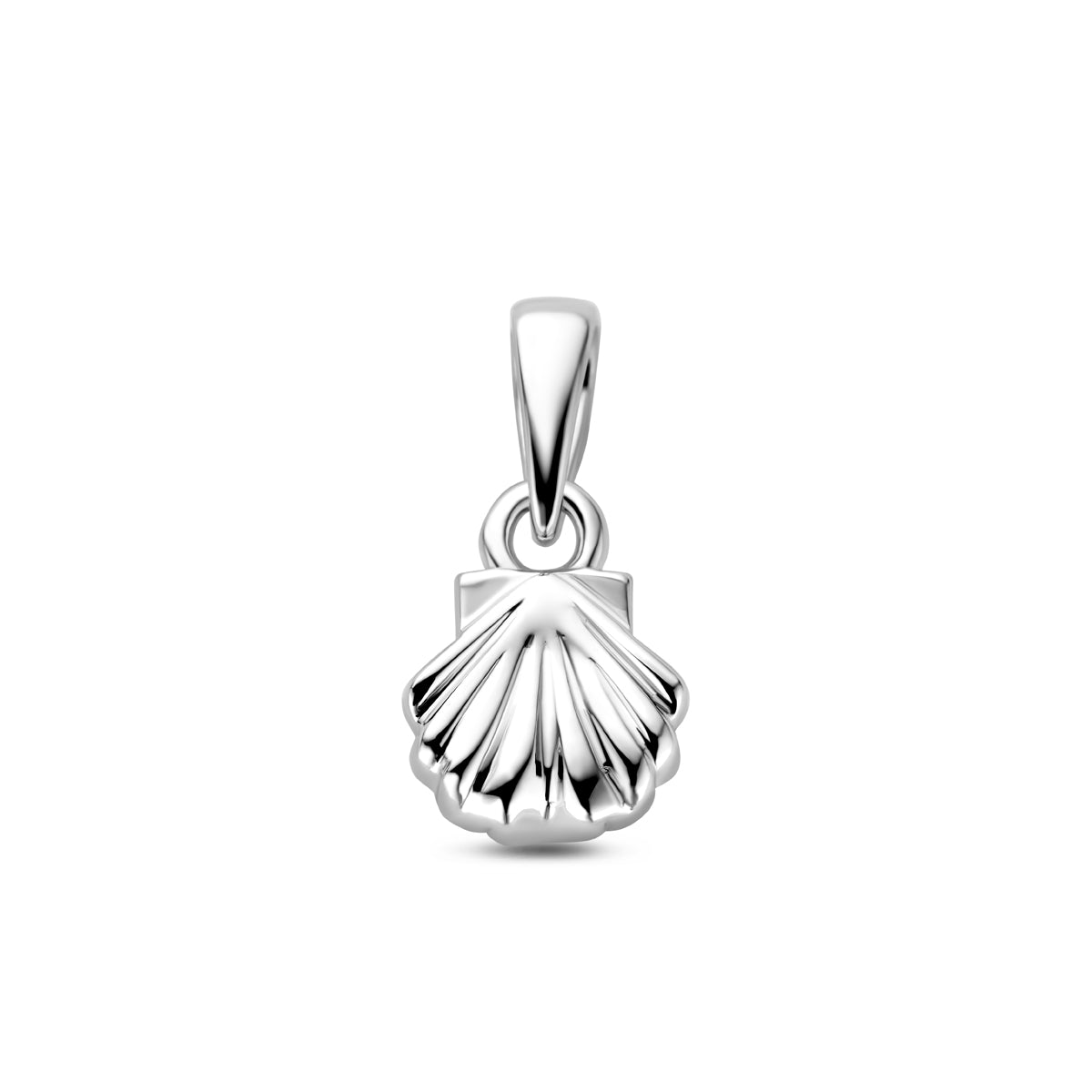 Vooraanzicht van de zilveren schelp hanger.