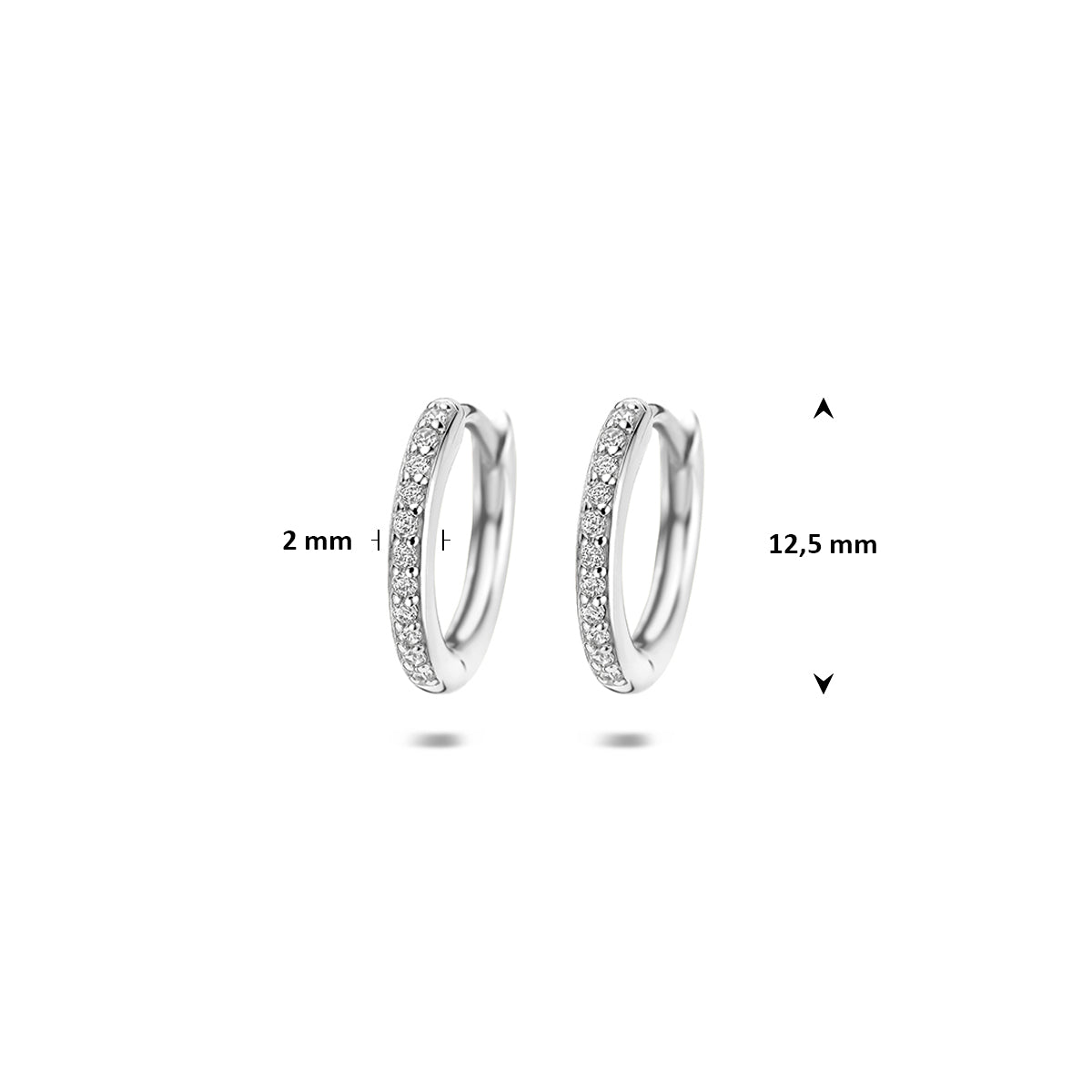 Zilveren oorringen met zirkonia: afmetingen van de 925 gerhodineerd zilveren smalle klapoorringen met zirkonia, 12,5 mm doorsnee en 2,0 mm breed.