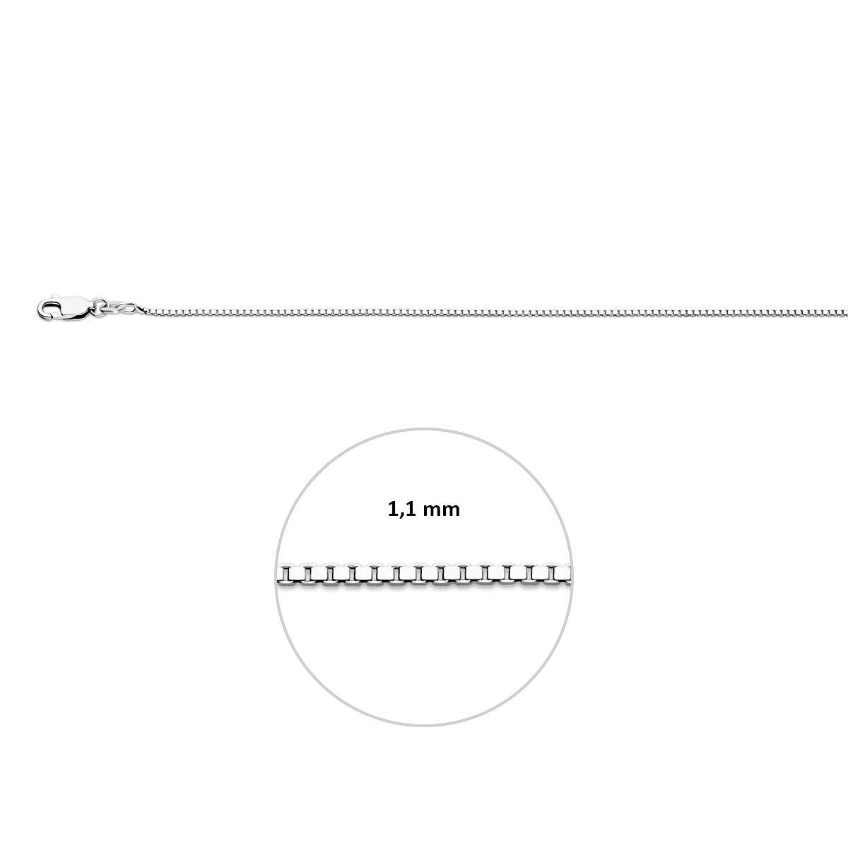 Zilveren venetiaanse ketting: 925 gerhodineerd zilveren venetiaanse halsketting, met de schakelbreedte van 1,1 mm aangegeven