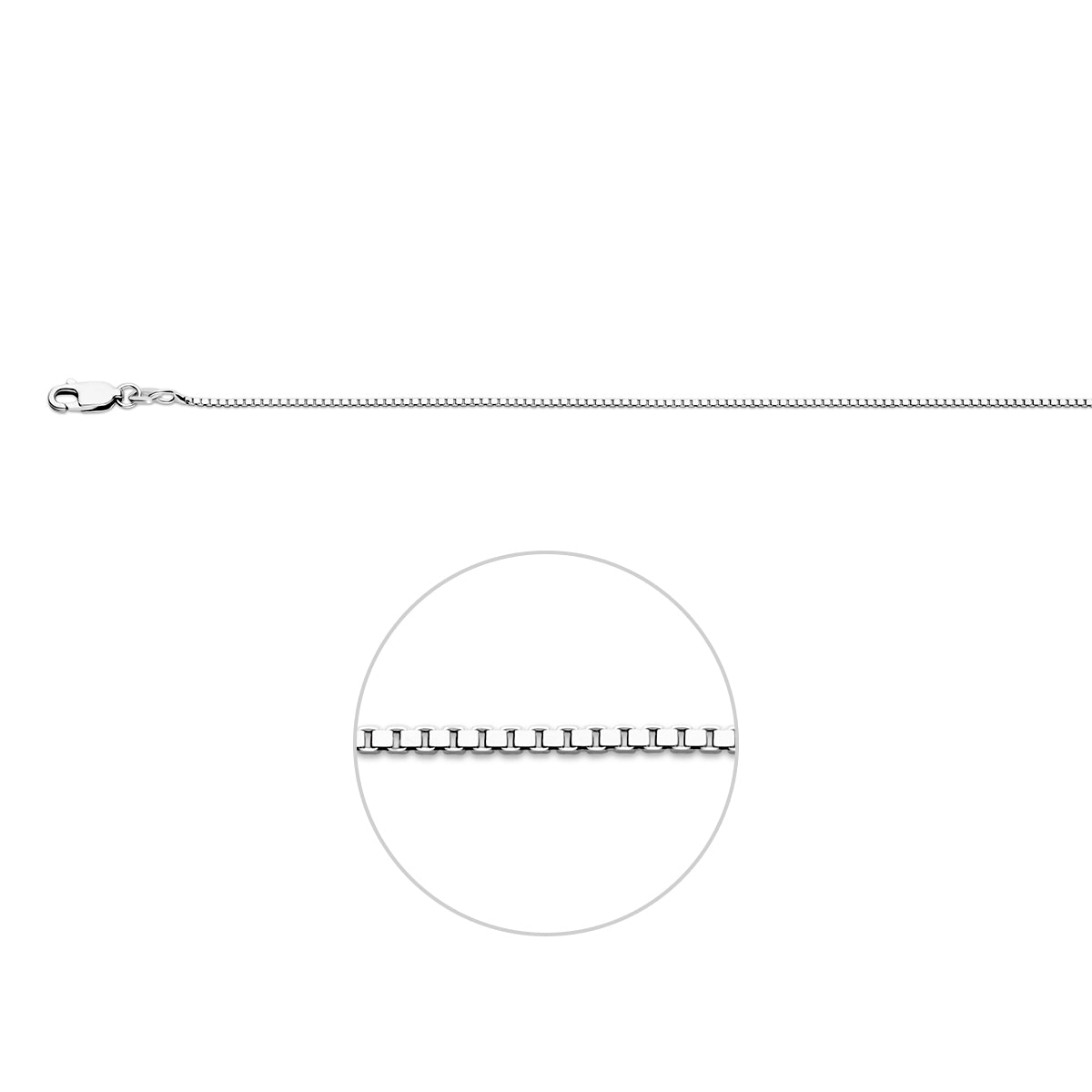 Zilveren venetiaanse ketting: 925 gerhodineerd zilveren venetiaanse halsketting van 1,1 mm breed, vooraanzicht