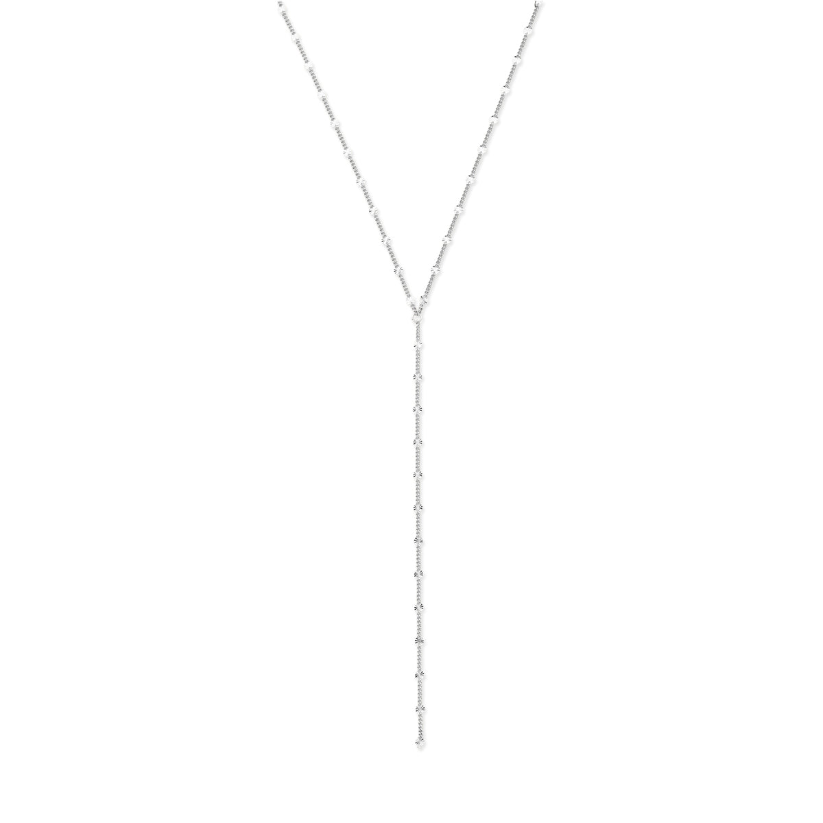 Vooraanzicht van de zilveren y-ketting.