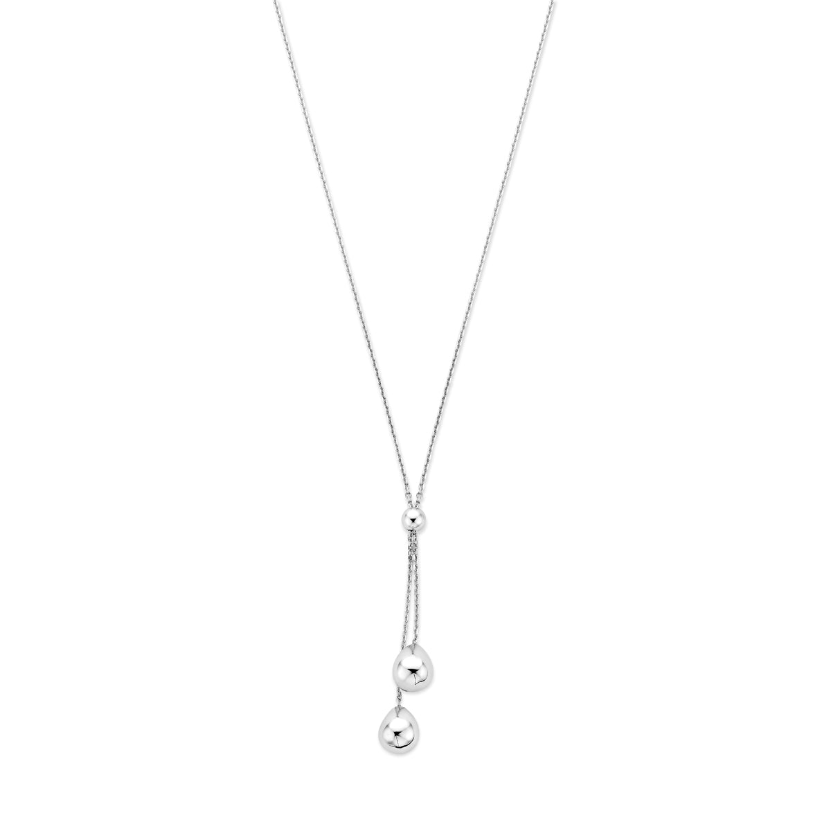 Vooraanzicht van de zilveren y-ketting met bolletjes.