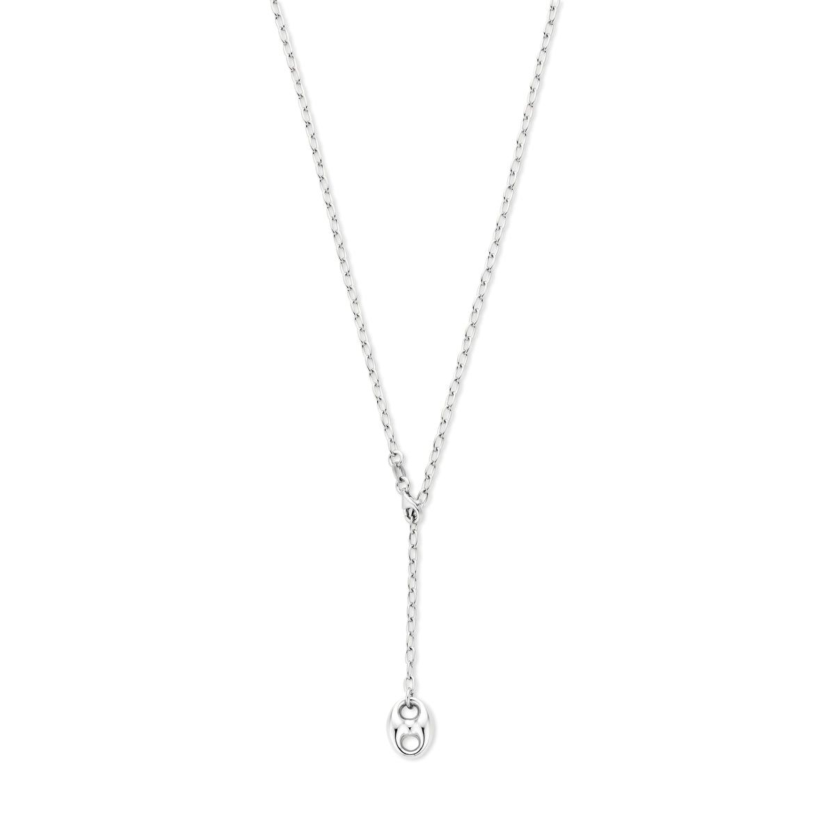 Vooraanzicht van de 925 gerhodineerd zilveren y ketting met koffieboon, 14,5 mm hoog en 11 mm breed.