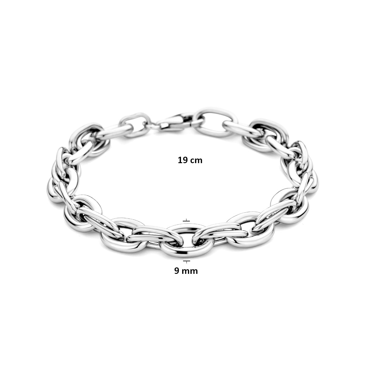 Afmetingen van de 925 gerhodineerd zilveren schakelarmband: 19 cm lang, schakel 9 mm
