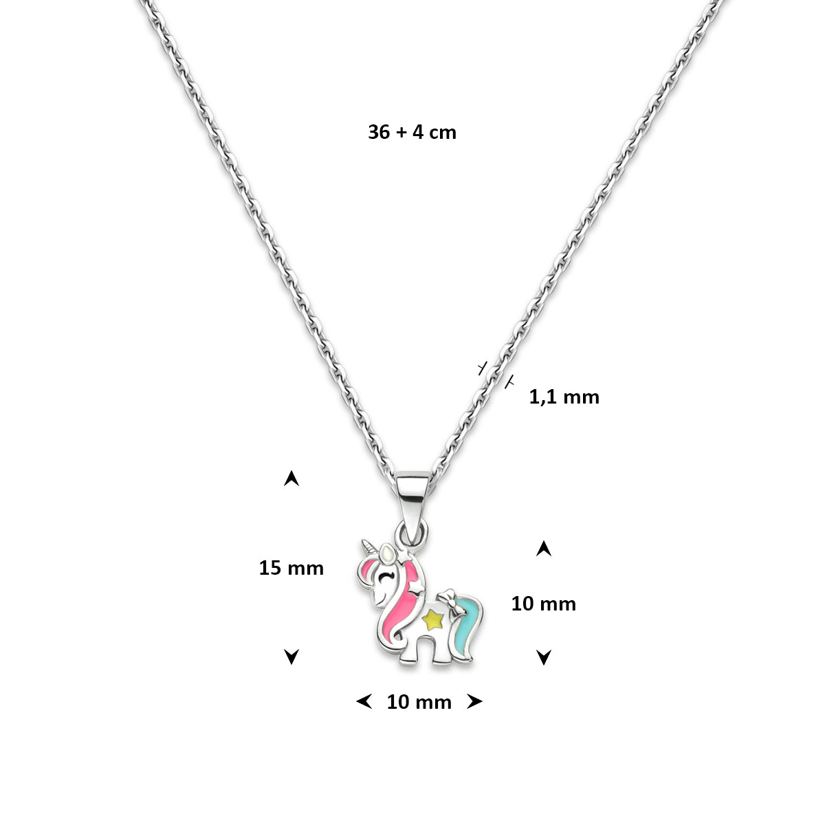 Afmetingen van de 925 gerhodineerd zilveren emaille eenhoorn kinderketting: verstelbaar van 36 tot 40 cm, schakel 1,1 mm