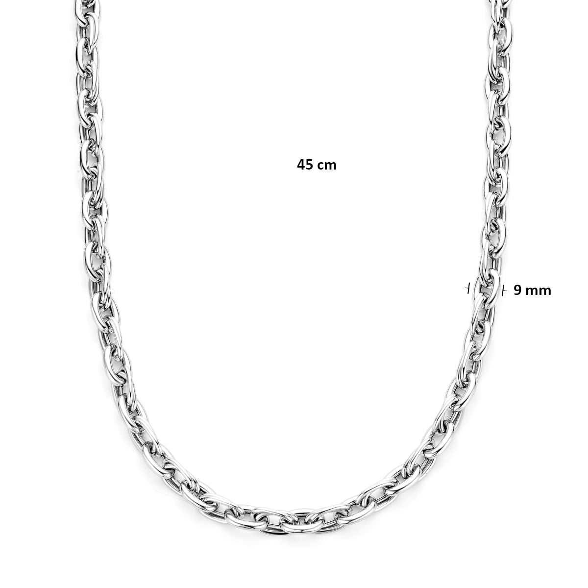 Afmetingen van de 925 gerhodineerd zilveren schakelketting: 45 cm lang, schakel 9 mm