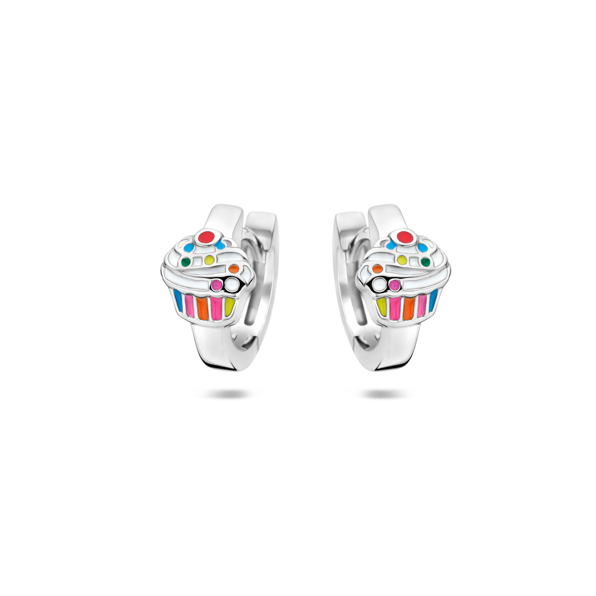 Vooraanzicht van de 925 gerhodineerd zilveren emaille cupcake kinderklapoorringen (cupcake oorbellen)