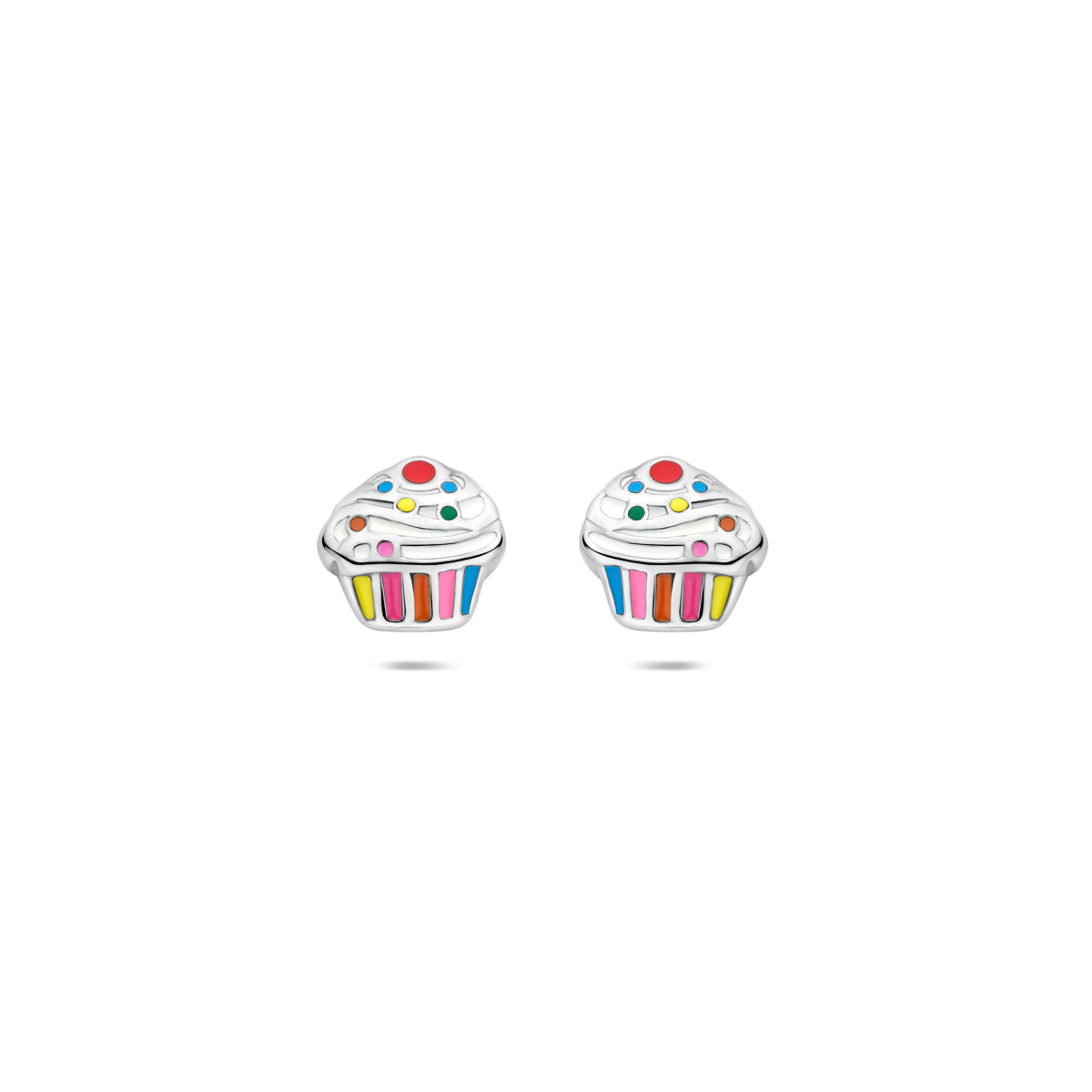 Vooraanzicht van de 925 gerhodineerd zilveren cupcake kinderoorknoppen (cupcake oorbellen)