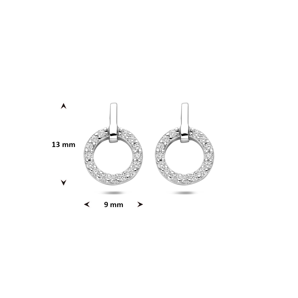 Technische afbeelding van de 925 gerhodineerd zilveren oorknoppen met zirkonia met afmetingen, 13 mm hoog.