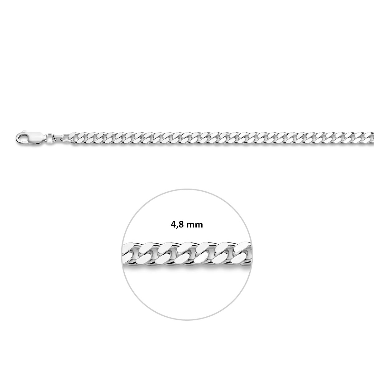 Zilveren gourmet armband heren: 925 zilveren 4-zijdig geslepen gourmette armband, met de schakelbreedte van 4,8 mm aangegeven