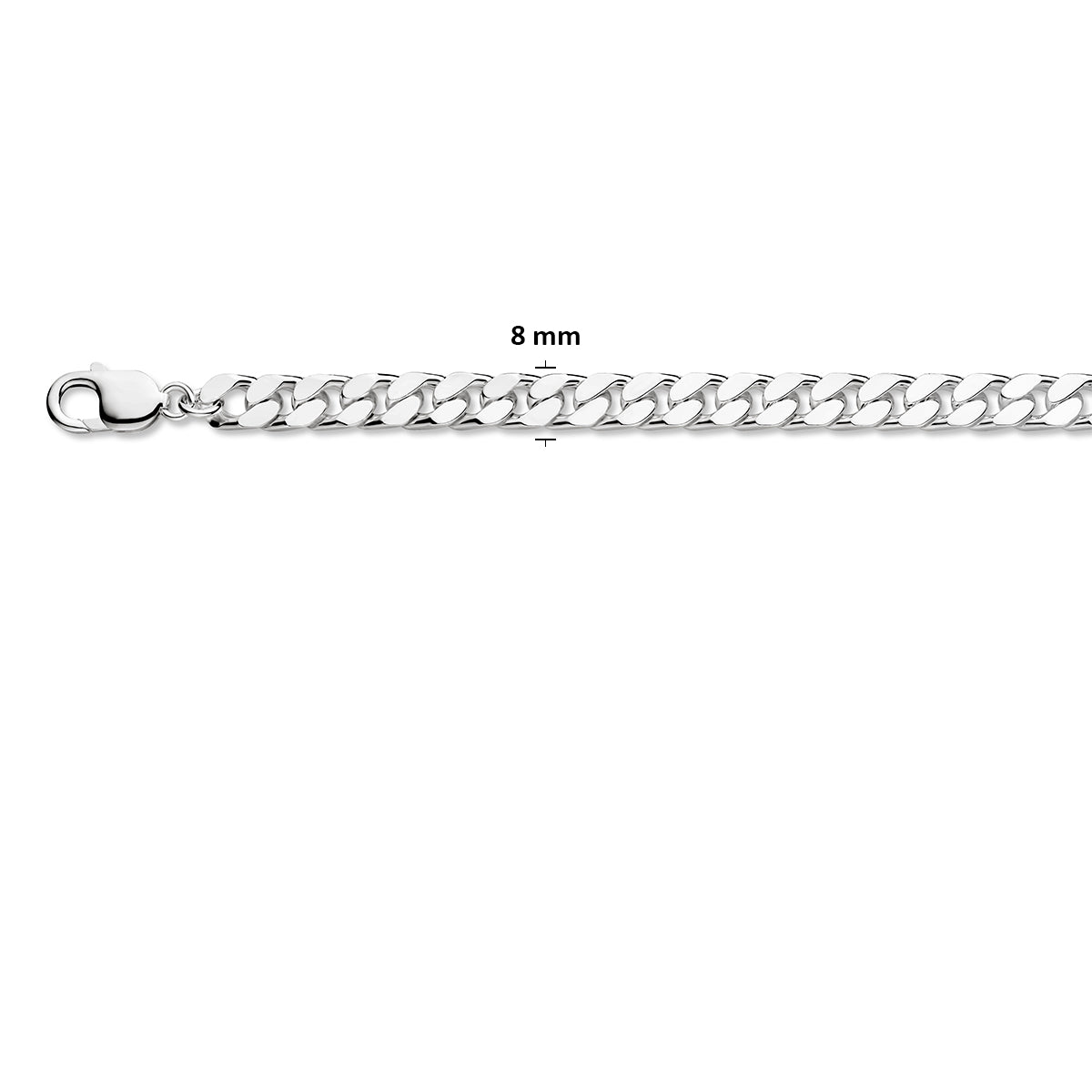Zilveren gourmet armband heren: 925 zilveren 4-zijdig geslepen gourmette armband, met de schakelbreedte van 8,0 mm aangegeven