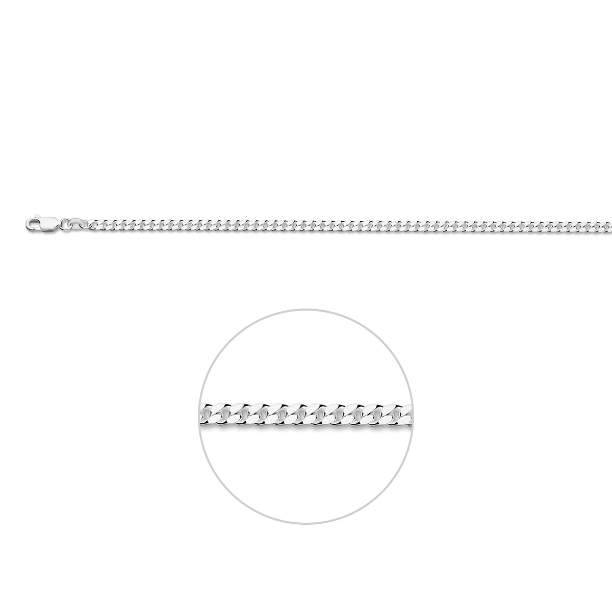 Zilveren gourmet ketting heren: 925 zilveren 4-zijdig geslepen gourmette halsketting van 2,8 mm breed, vooraanzicht