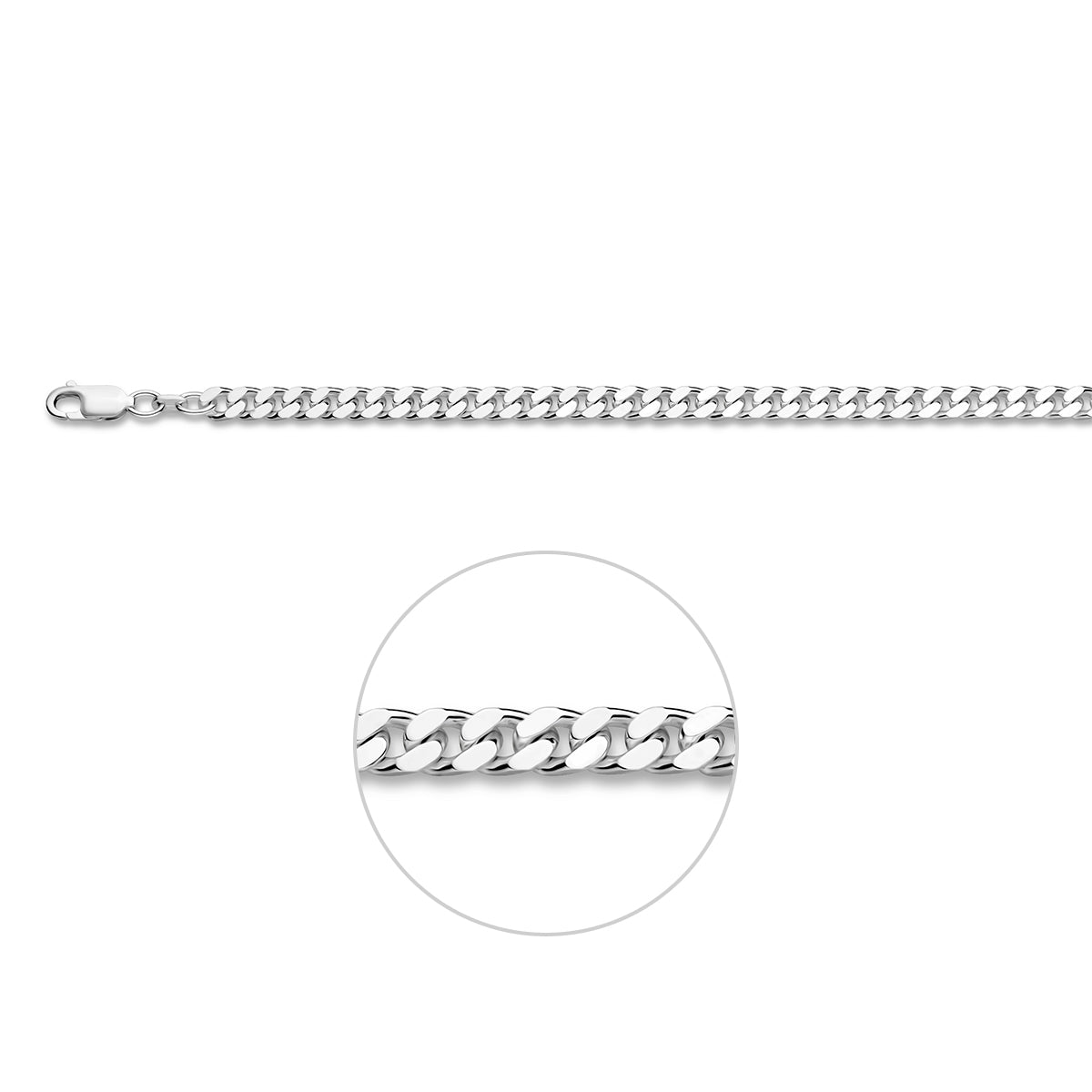 Zilveren gourmet ketting heren: 925 zilveren 4-zijdig geslepen gourmette halsketting van 4,8 mm breed, vooraanzicht
