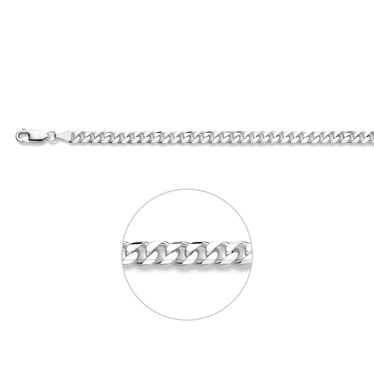 Zilveren gourmet ketting heren: 925 zilveren 8-zijdig geslepen gourmette halsketting van 5,0 mm breed, vooraanzicht