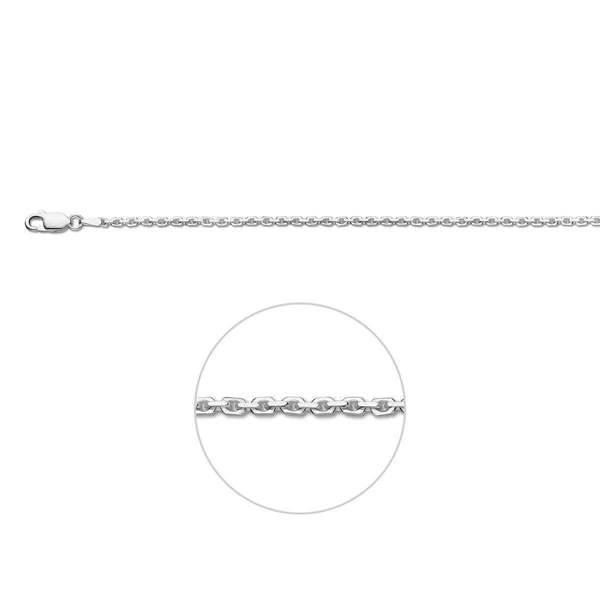 Zilveren ankerketting: 925 zilveren gediamanteerde ankerhalsketting van 2,1 mm breed, vooraanzicht