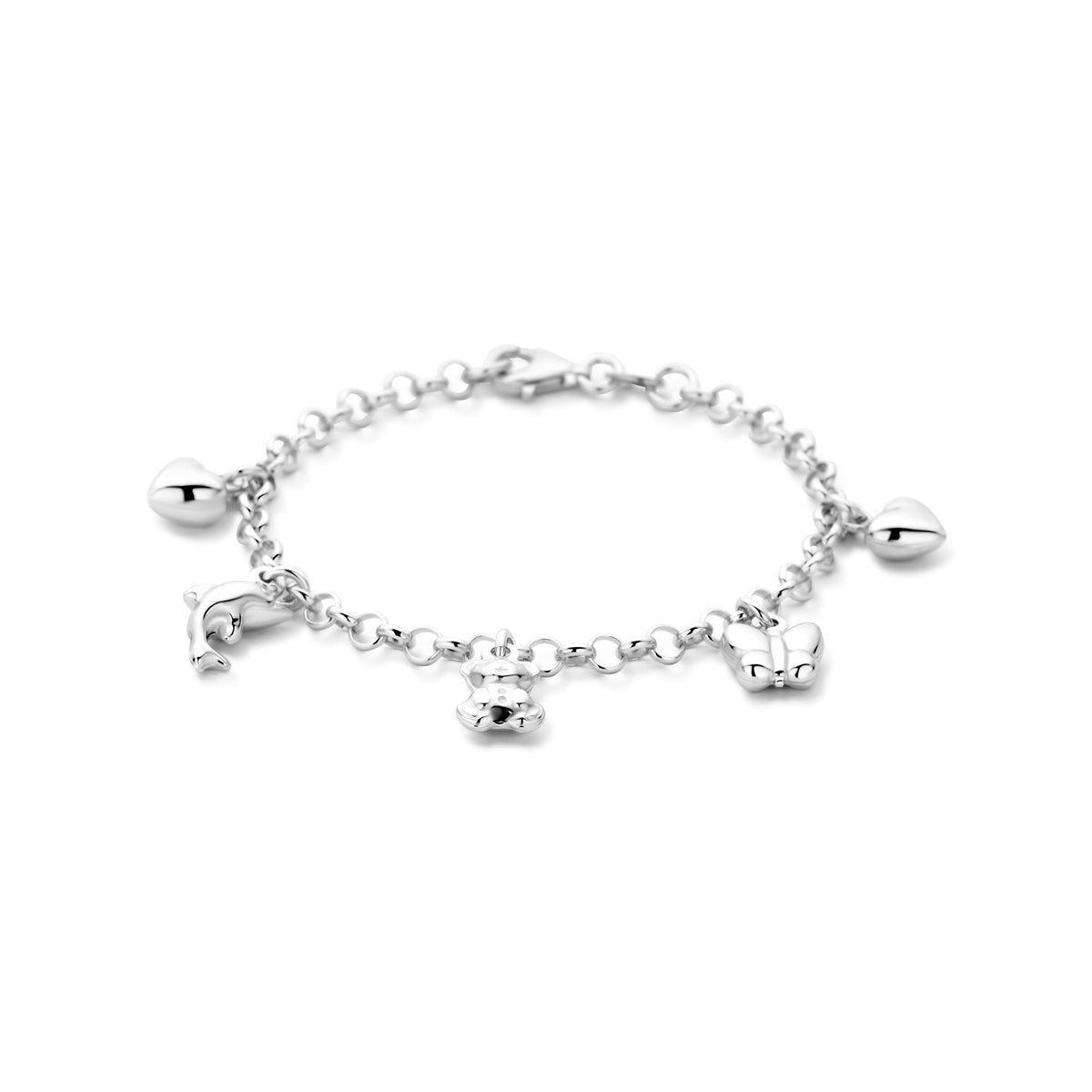 Vooraanzicht van de zilveren bedelarmband voor kinderen.