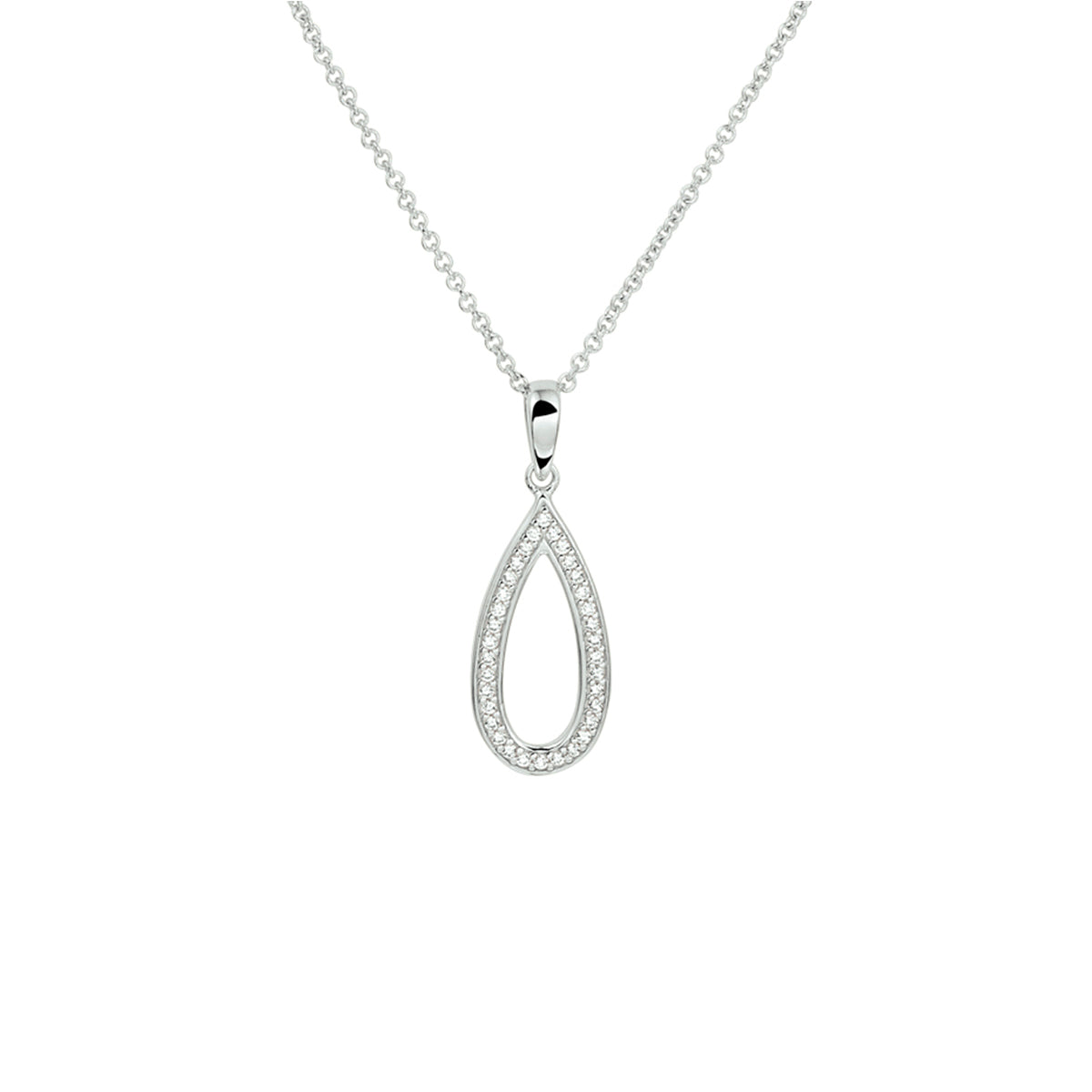 Vooraanzicht van het gerhodineerde 925 zilveren 'Mirella' collier met een druppelvormige hanger vol zirkonia.