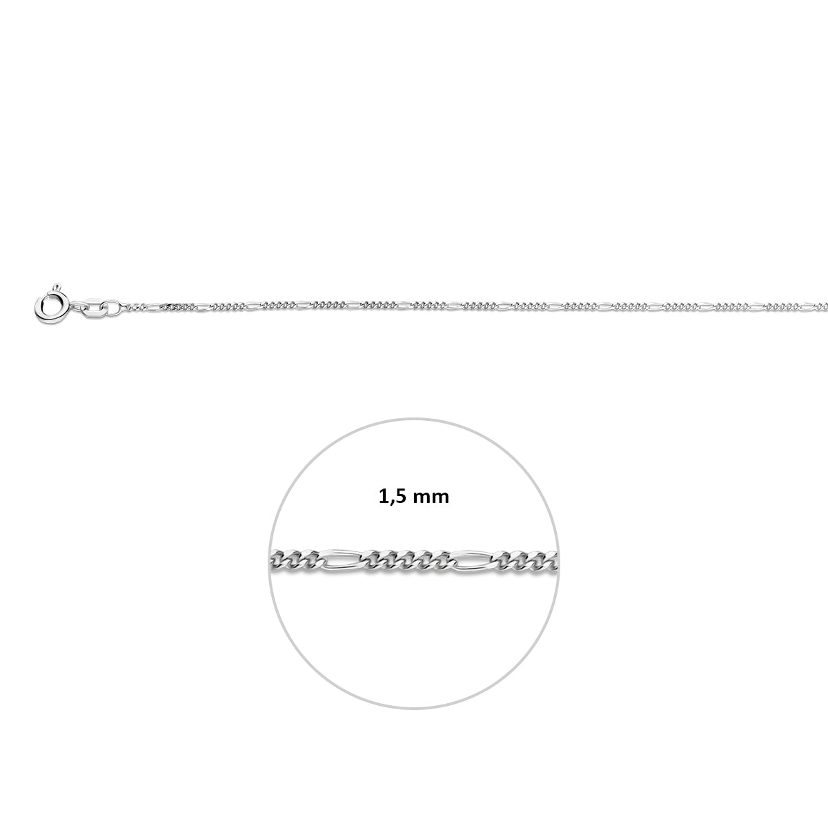 Zilveren figaro ketting: 925 zilveren figaro halsketting, met de schakelbreedte van 1,5 mm aangegeven