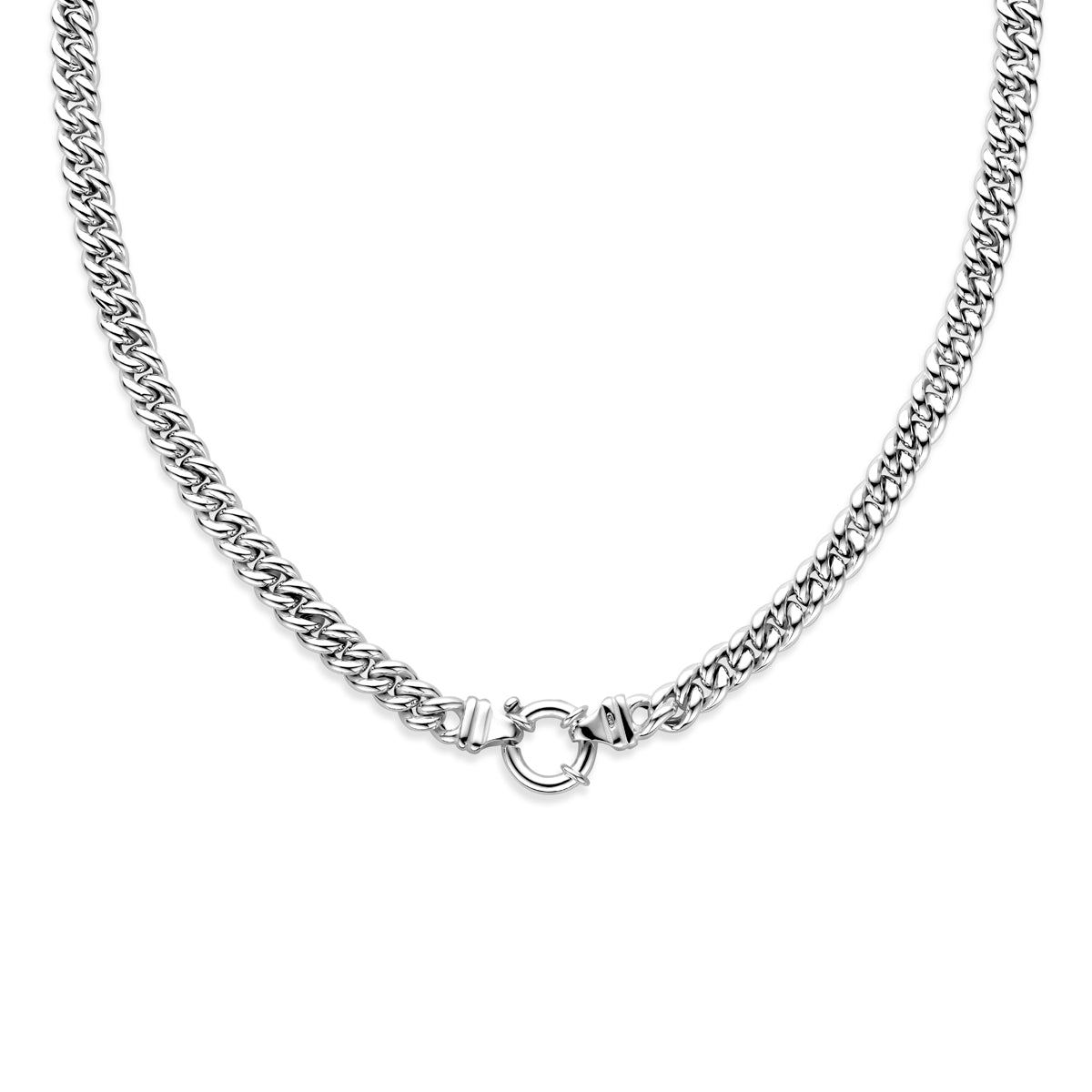 Vooraanzicht van de zilveren gourmet ketting met groot slot.