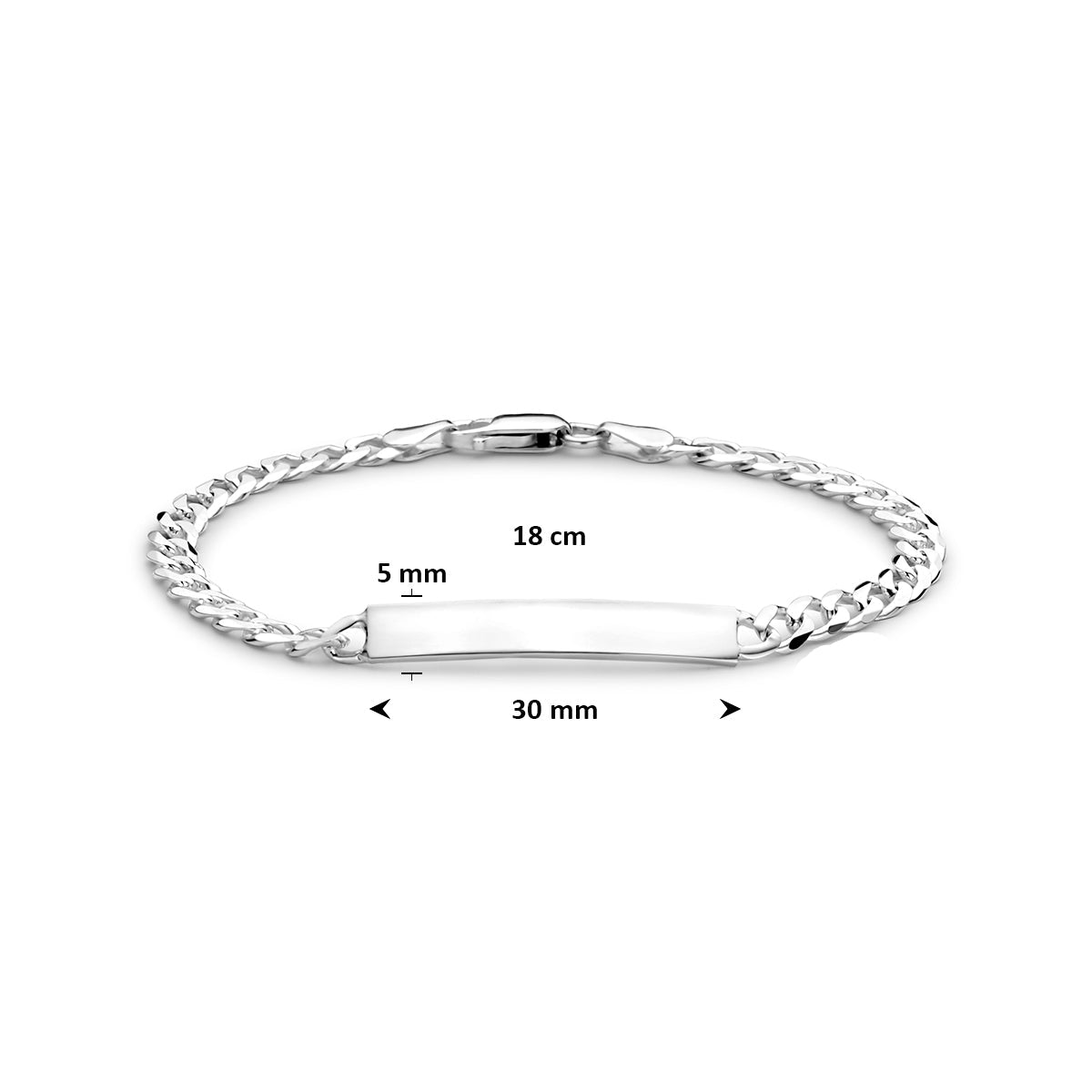 Graveerarmband: afmetingen van de 925 zilveren graveerarmband gourmette, lengte 18 cm.