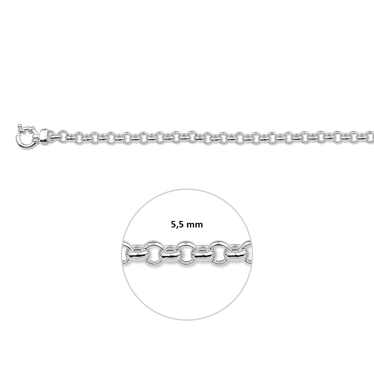 Zilveren jasseron armband: 925 zilveren jasseron armband met groot veerslot, met de schakelbreedte van 5,5 mm aangegeven