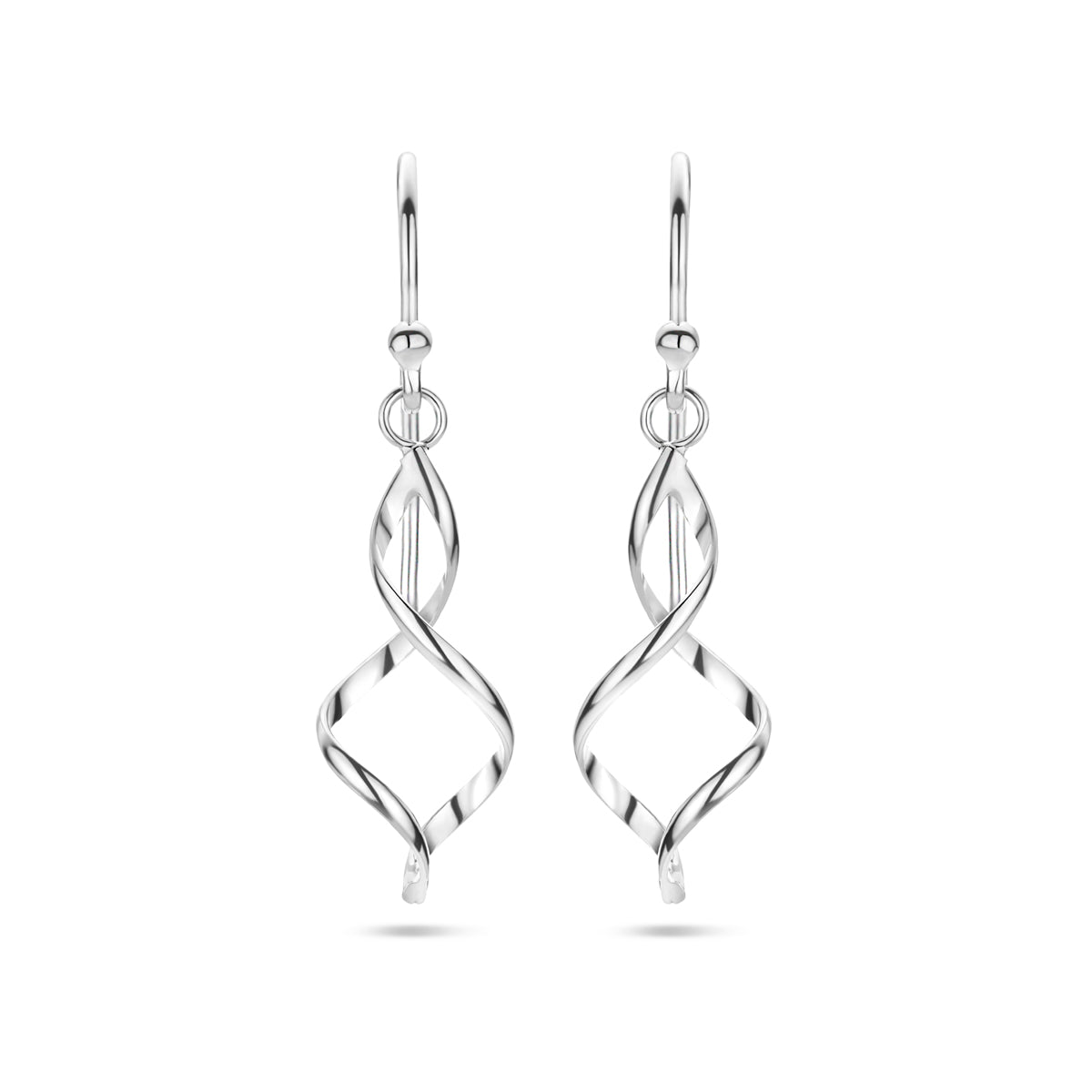 Vooraanzicht van de gerhodineerde 925 zilveren 'Isolde' oorhangers met een moderne gedraaide spiraalvorm.