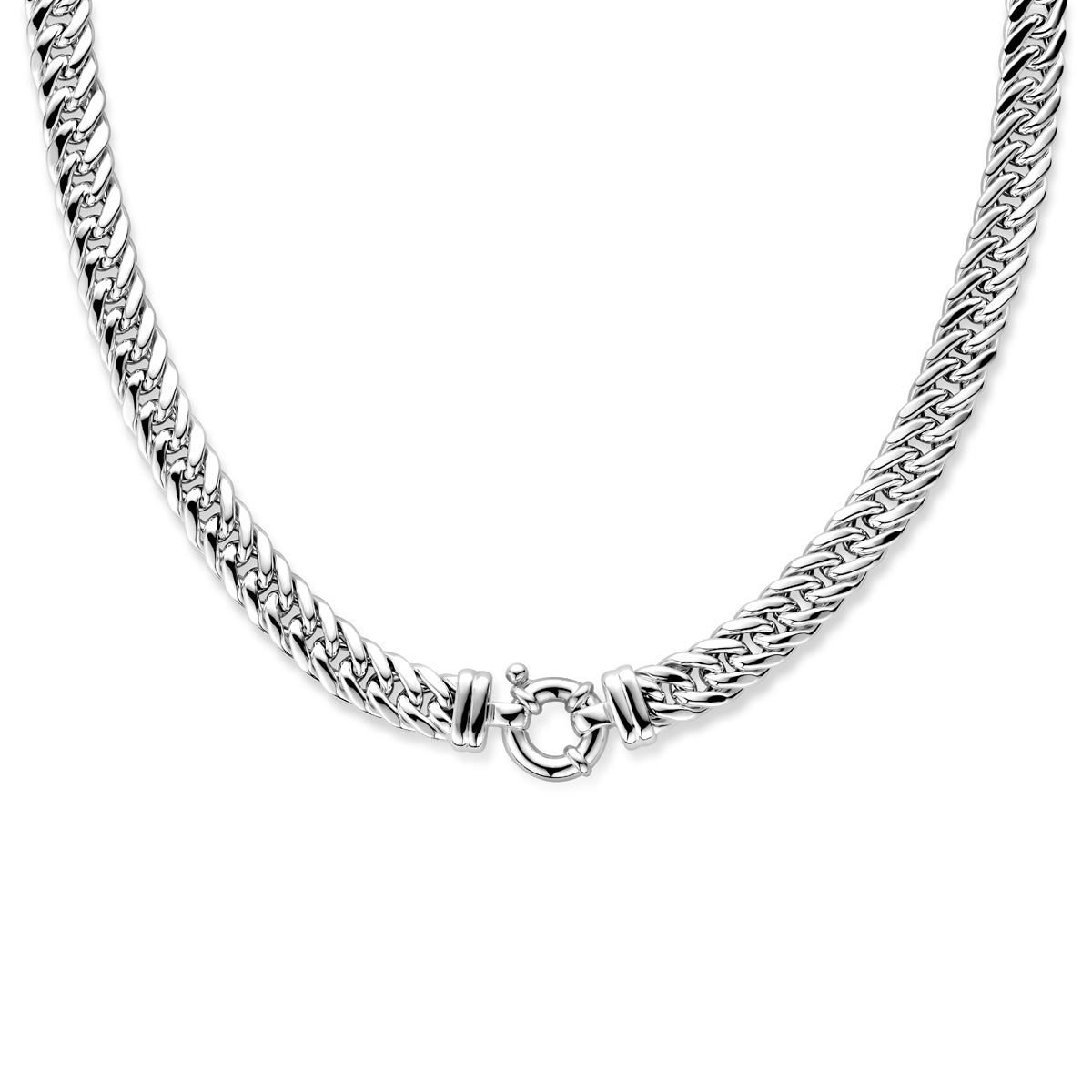 Vooraanzicht van de zilveren platte dubbele gourmet ketting.