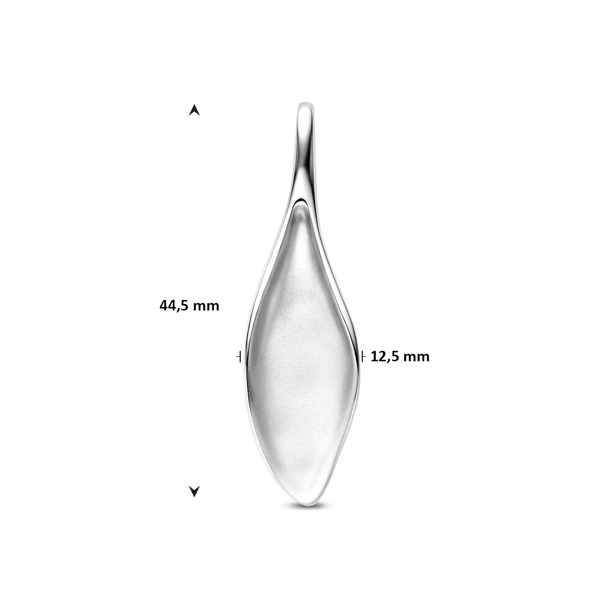 Hanger 'Lacryma' met afmetingen (44.5mm x 12.5mm).