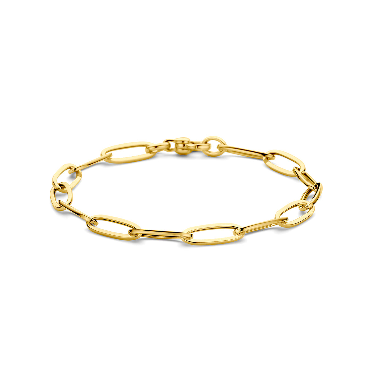 Vooraanzicht van de geelkleurige 9 karaat armband met ankerschakel, 5,7 mm breed.