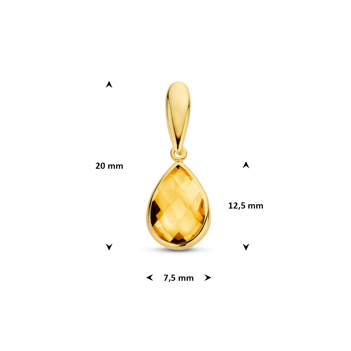 Technische afbeelding van de 9 karaat geelkleurige hanger citrien druppel met afmetingen, 20 mm hoog inclusief oog en 7,5 mm breed.