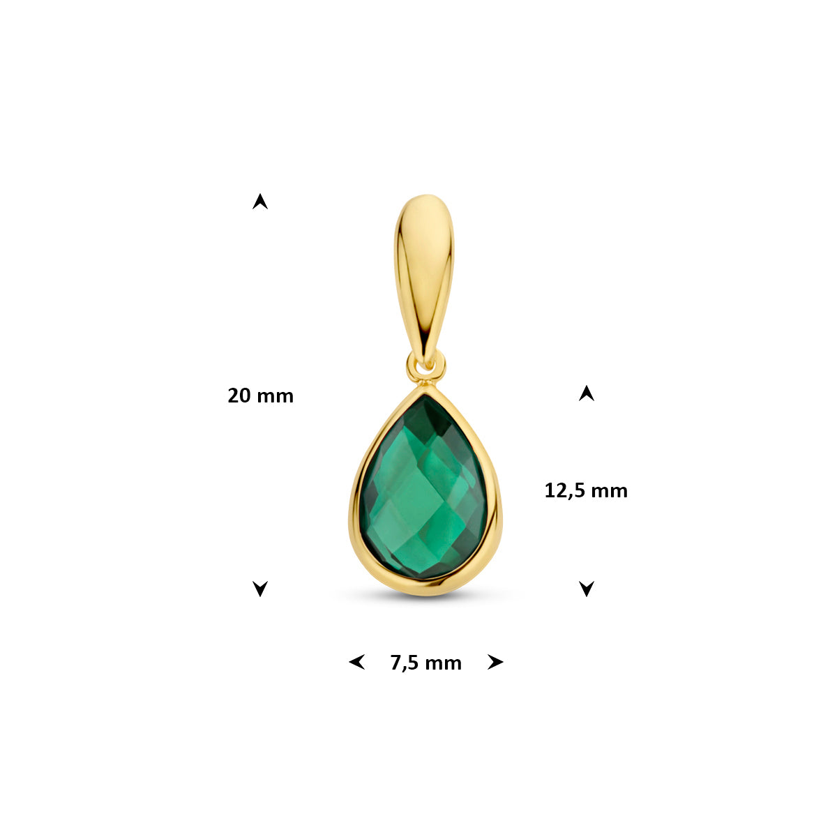 Technische afbeelding van de 9 karaat geelkleurige hanger groene agaat druppel met afmetingen, 20 mm hoog inclusief oog en 7,5 mm breed.