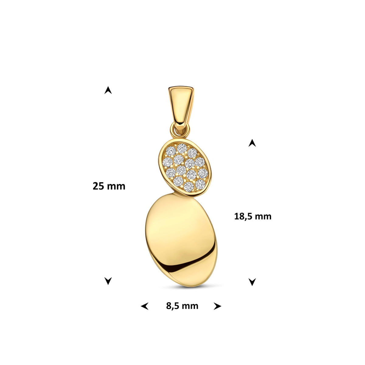 Technische afbeelding van de 9 karaat geelkleurige ovale hanger met zirkonia met afmetingen, 25 mm hoog inclusief oog en 8,5 mm breed.