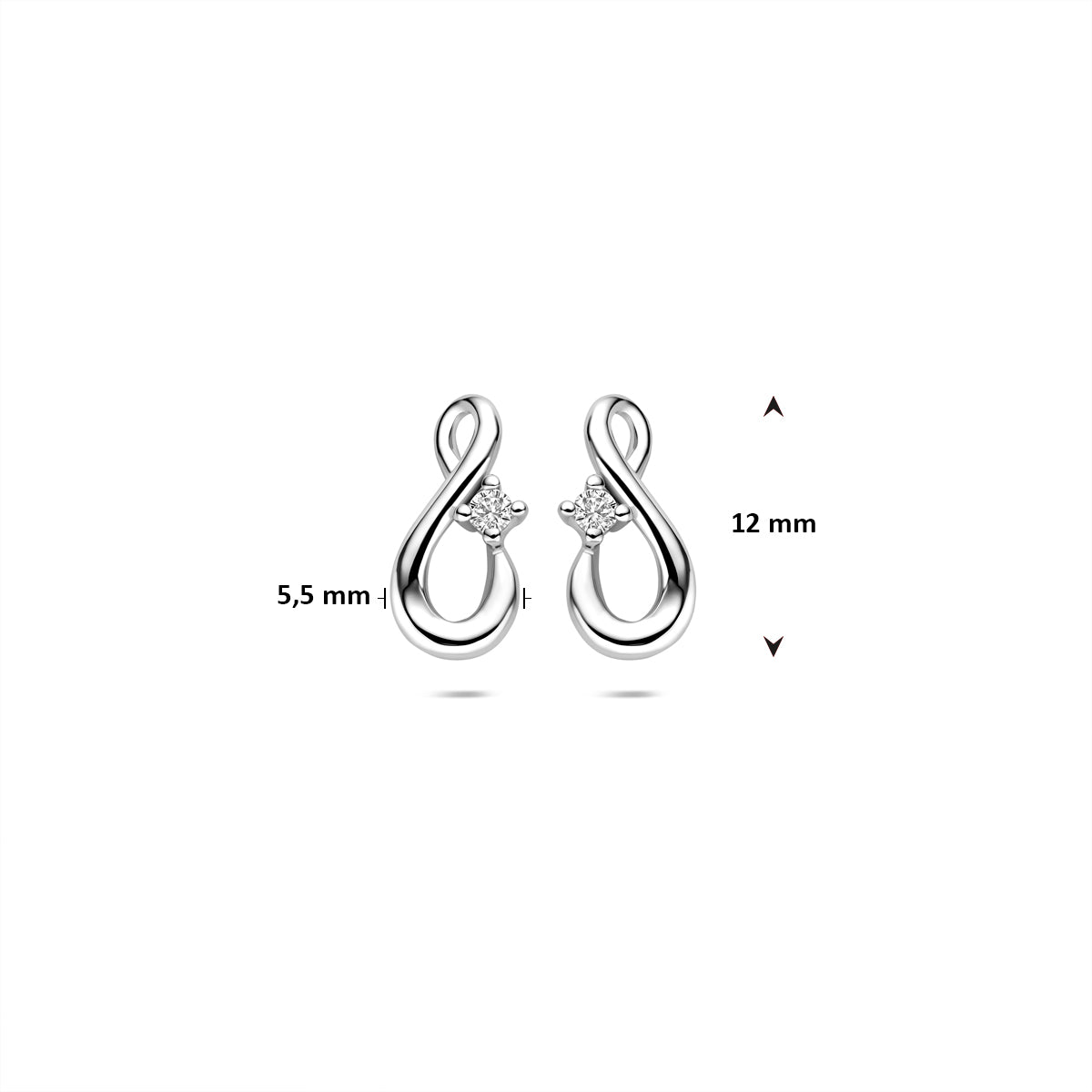 Vooraanzicht van de 'Flexus' oorknoppen met de afmetingen: 12 mm hoog en 5.5 mm breed.