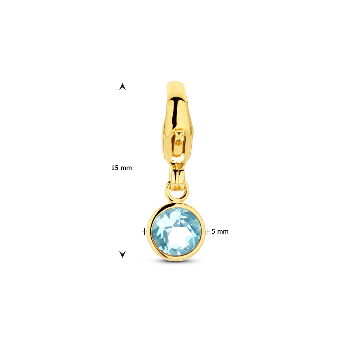 Technische foto met de exacte maten (15mm hoog, 5mm breed) van de blauwe topaas hanger.