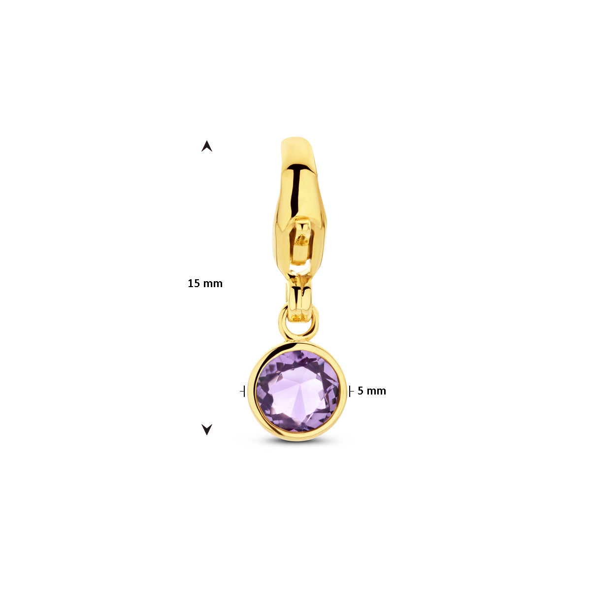 Vooraanzicht van de bedel met aanduiding van de totale hoogte (15mm) en breedte (5mm).