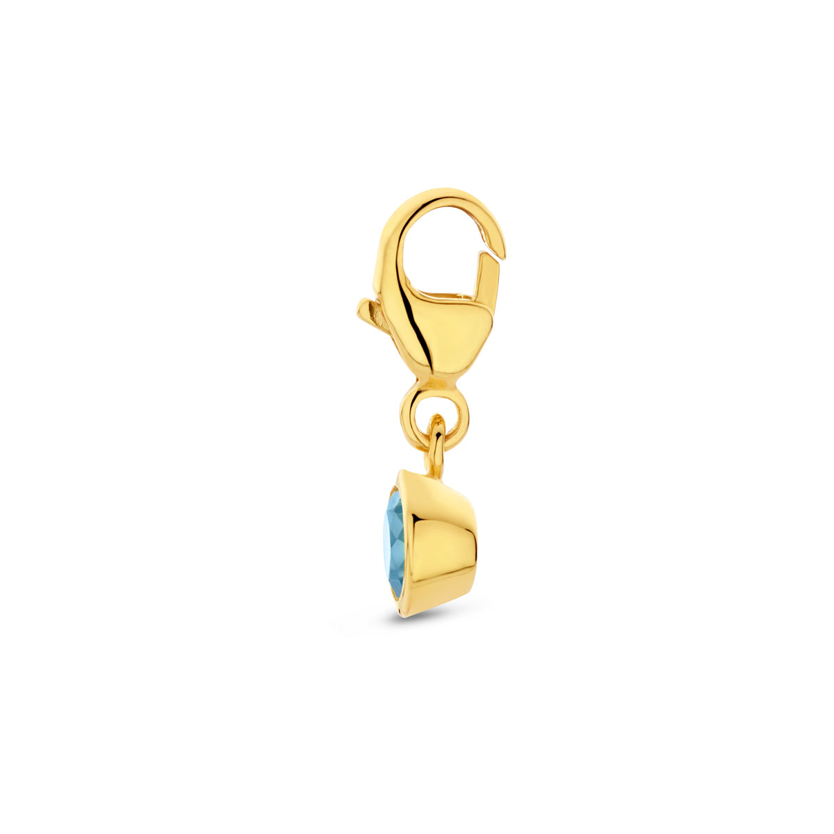 Detailopname van de zijkant van de bedel, toont de hoogte van de gouden zetting en het slotje.