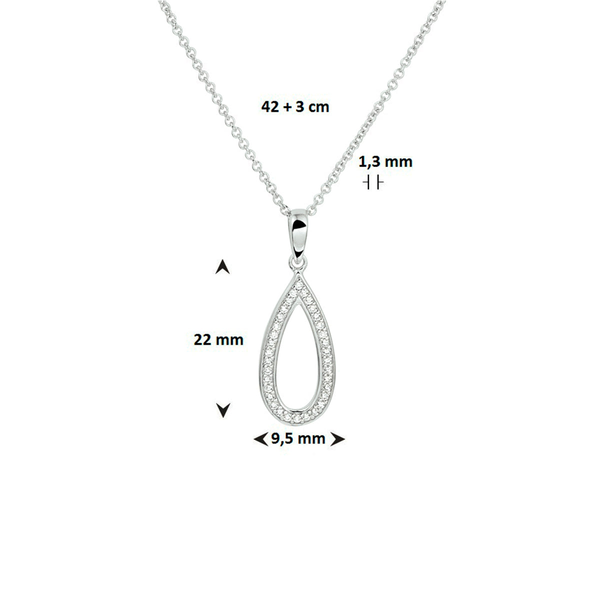 Afbeelding van het 'Mirella' collier met de hangermaat van 22 bij 9.5 mm en de kettingbreedte aangegeven.