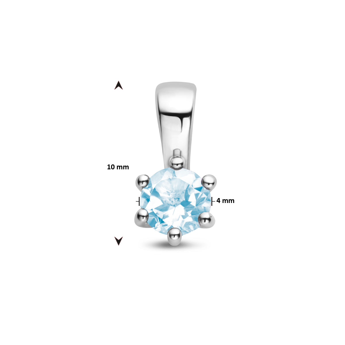Technische weergave formaat: zilveren hanger 10mm hoog met 4mm blauwe steen.