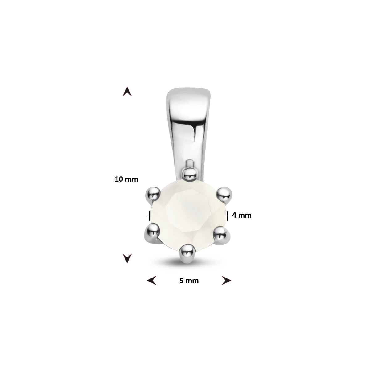 Technische weergave formaat: zilveren hanger 10mm hoog met 4mm witte steen.