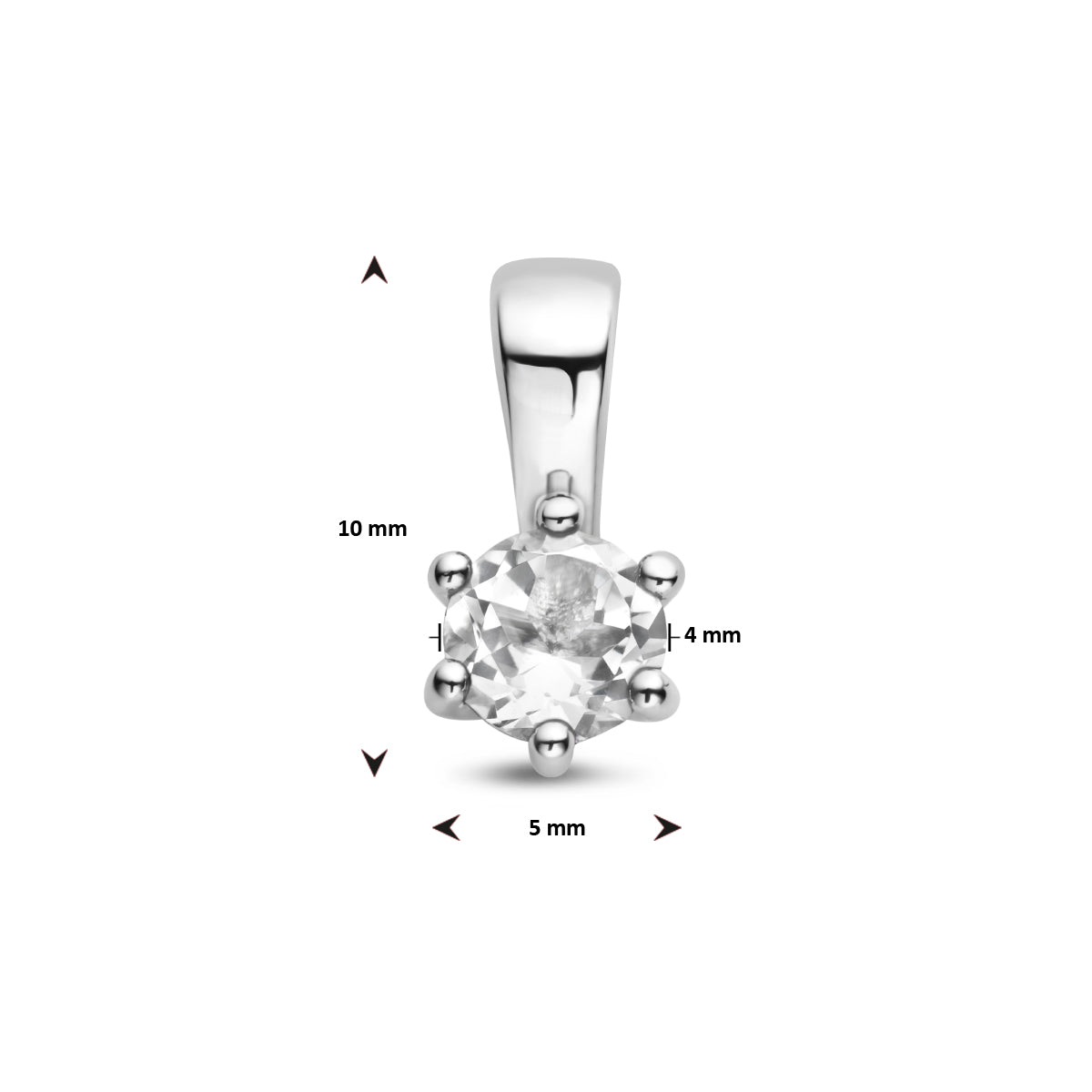 Technische weergave formaat: zilveren hanger 10mm hoog met 4mm witte steen.
