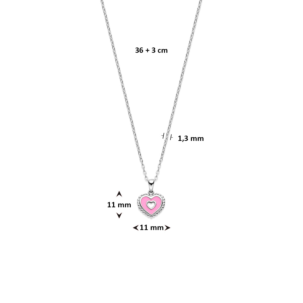 Vooraanzicht met afmetingen van de kettinglengte 36+3cm en de hanger 11mm breed.
