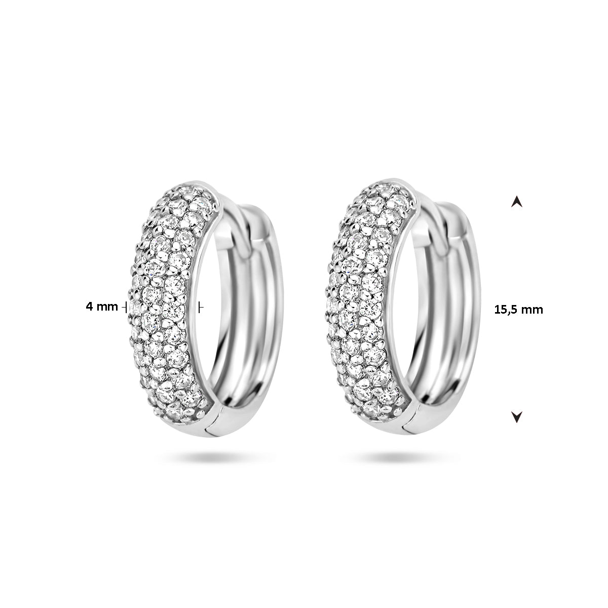 Productfoto van de 'Astra' zilveren klapoorringen met de exacte afmetingen en diameter van 15,5 mm.