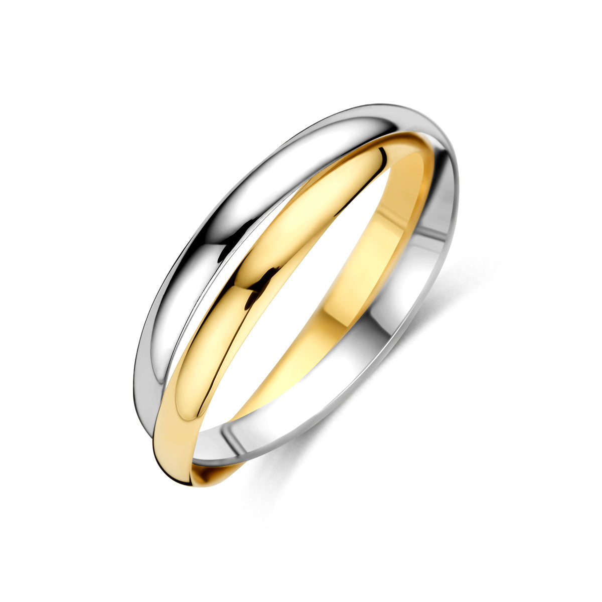 Vooraanzicht van de 'Liaison' bicolor ring met een geelgouden en witgouden band verstrengeld.
