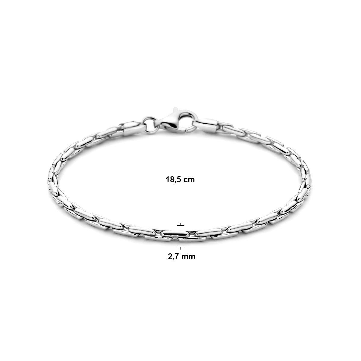 Productafbeelding van de 'Brio' armband met technische weergave van de 2,7 mm breedte en de lengte.