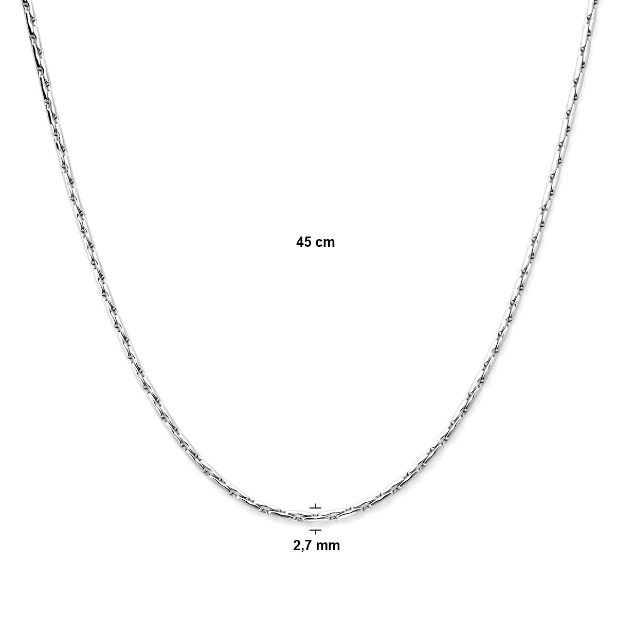 Productafbeelding van de 'Brio' ketting met technische weergave van de 2,7 mm breedte en de lengte van 45 cm.